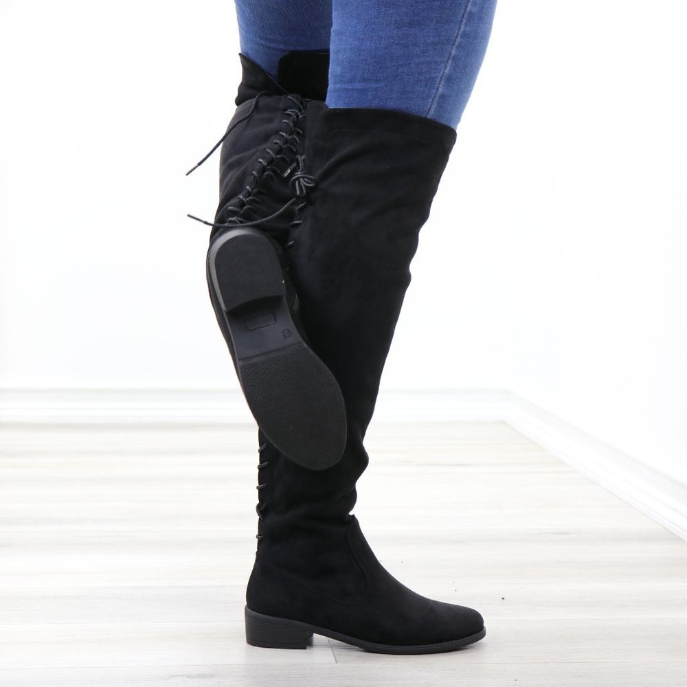 Low Heel Faux Suede Black Thigh High Boots - Picture 6 of 14
